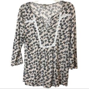 Lucky Brand Embroidered Boho Black Coral 3/4 Sleeve Top Size M